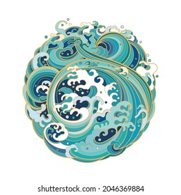 Vector illustration of geometric shape circle with marine waves in traditional oriental style. Graphic element for design.