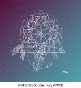 Vector illustration. Geometric shape with feathers, leaves and flowers looking like dream catcher. Colorful modern background. Boho and hipster style