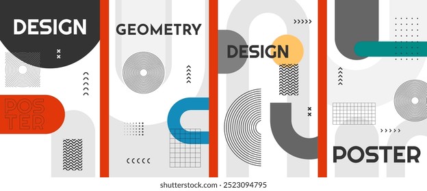 Ilustración vectorial. Conjunto de fondos de composición de formas y líneas geométricas. Diseño plano abstracto dinámico de mediados de siglo Plantilla de folleto, Cupón, voucher, arte de decoración de pared. arco iris Boho, patrón de memphis