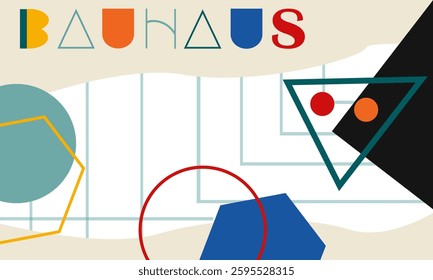 Vector Illustration Geometric Shapes Bauhus background. design posters, wall art, template, layout with primitive shapes elements. Bauhaus retro pattern background, vector abstract circle, triangle
