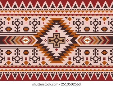 Vektorgrafik von geometrischen Formen Design, Native American + Native Stoffmuster, nahtlose ethnische Muster, Kilim Teppich, Wandteppich, Bettüberwurf, Tischdecke, Teppich, dekoratives Element.
