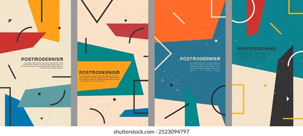 Ilustración vectorial. Conjunto de fondos de composición de Formas y líneas geométricas. Plantilla de diseño plano abstracto dinámico de mediados de siglo de folleto, Cupón, voucher, arte de decoración de pared. Gráfico anticuado retro