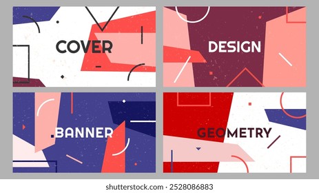 Vector illustration. Geometric shapes and lines composition backgrounds set. Dynamic abstract flat mid-century design template of web banner, horizontal wallpaper, website template. Retro graphic