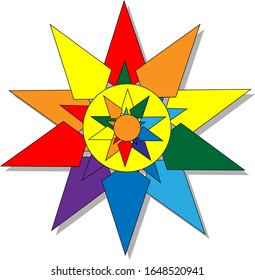 Vektorillustration der geometrischen Formen, die einen Stern aller Farben des Regenbogens auf weißem Hintergrund bilden