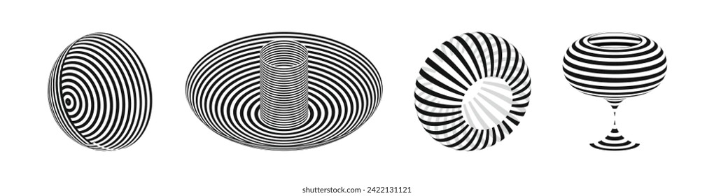 Vector illustration of geometric shapes minimalistic graphic design with black and white striped patterns, rendered in 3d.