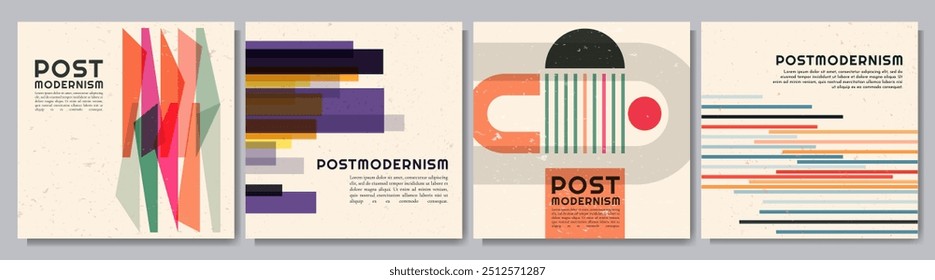 Vector illustration. Geometric shapes in postmodern style. Dynamic abstract flat mid-century design template of square web banner, blog post, advertising template. Vintage retro colored background