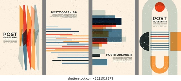 Ilustração vetorial. Formas geométricas em estilo pós-moderno. Modelo de design plano abstrato dinâmico meados do século de folheto, folheto, voucher, cupom. Arte inspirada. Boho arte contemporânea