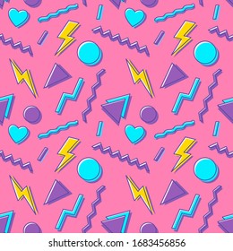 Vector illustration of geometric shapes. Vintage style 80s and 90s. Abstract seamless pattern, fashion style. Textile and paper design.