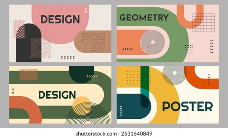 Vector illustration. Geometric shapes vintage style. Dynamic abstract flat mid-century. Design elements of web banner, website template, horizontal wall art. Retro colored background. Boho rainbow arc