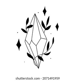 Vector illustration geometric silhouette of black crystals, stones, diamonds and branch of leaves in doodle style on white background for design, sticker, print, invitation 
