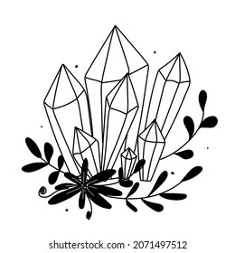 Vector illustration geometric silhouette of black crystals, diamonds, branch of leaves and flower in doodle style on white background for design, sticker, print, invitation