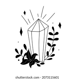 Geometrische Silhouette der Vektorgrafik aus schwarzem Kristall, Diamant, Laubzweig und Blume im Doodle-Stil für Design, Aufkleber, Druck, Einladung