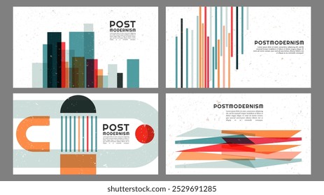 Vector illustration. Geometric simple shapes background. Dynamic abstract flat mid-century style. Design elements of web banner, website template, horizontal wall art. Retro old color composition