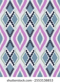 Ilustración vectorial de un patrón ikat de estilo geométrico con tonos de azul, rosa, verde y blanco, clásico y contemporáneo.   Para el trabajo de diseño textil decoración de interiores