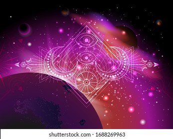 Vector illustration of Geometric symbol against the space background with sunrise and stars. Image in purple and red color.