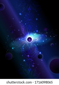 Vector illustration of Geometric symbol against the space background with galaxy and stars. Image in blue and purple color.