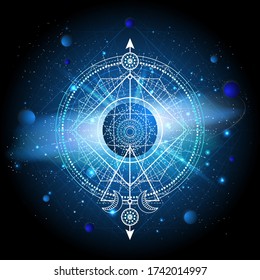 Vector illustration of Geometric symbol against the space background with galaxy and stars. Image in blue color.