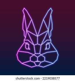 Ilustración vectorial de la cara geométrica del conejo conejo simétrico. Lámpara eléctrica neón de estilo lineal. Gradiente rosa, violeta y azul. Aislado en la oscuridad. Año Nuevo 2023, icono del símbolo de Pascua.