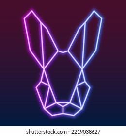 Vector illustration of geometric symmetrical rabbit bunny face. Neon electric lamp linear style. Pink, purple, blue gradient. Isolated on dark. 2023 New Year, Easter symbol icon.