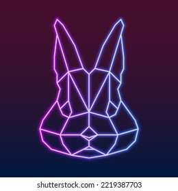 Vector illustration of geometric symmetrical rabbit bunny face. Neon electric lamp linear style. Pink, purple, blue gradient. Isolated on dark. 2023 New Year, Easter symbol icon.