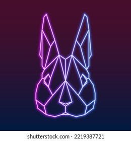 Ilustración vectorial de la cara geométrica del conejo conejo simétrico. Lámpara eléctrica neón de estilo lineal. Gradiente rosa, violeta y azul. Aislado en la oscuridad. Año Nuevo 2023, icono del símbolo de Pascua.