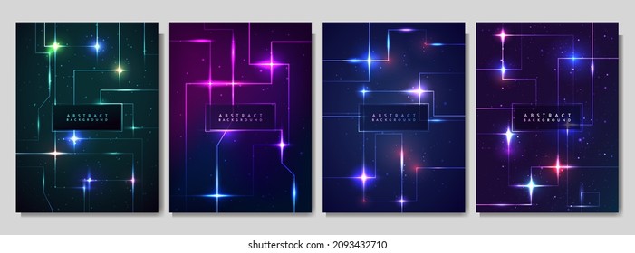Vector Illustration. Geometric Tech Background Collection. Colorful, Bright Decoration. Design Elements For Poster, Brochure, Book Cover, Magazine, Layout. Glowing Dots And Lines. Dynamic Wallpapers
