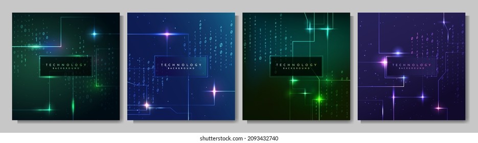 Vector illustration. Geometric tech background collection. Colorful, bright decoration. Design elements for social media template, web banner. Glowing dots and lines. Binary code. Digital wallpaper