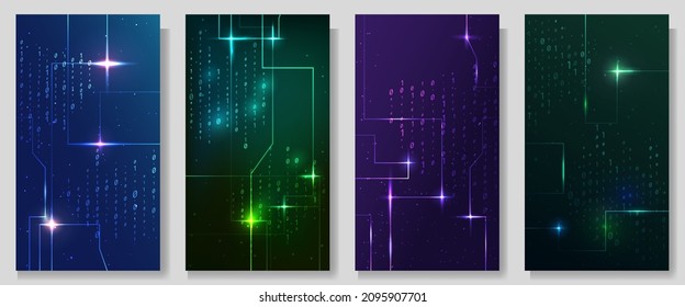 Vector illustration. Geometric tech background collection. Colorful, bright digital decoration. Design elements for poster, flyer, leaflet, coupon, voucher. Glowing dots and lines. Binary code graphic