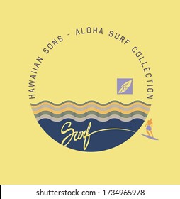 Vector illustration of geometric waves and stylized surfer.