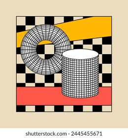 Vector illustration of geometric wireframe shapes and checkered pattern. Mid century modern abstract poster with cylinder and circle shape.