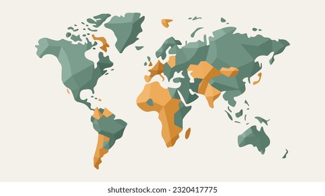 Vector Illustration of Geometric World Map with Green and Brown and Orange Color