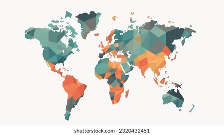 Vector Illustration of Geometric World Map with Green and Brown and Orange Color