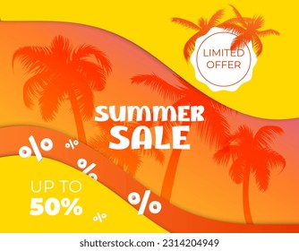 Ilustración vectorial de un cartel de venta de diseño geométrico amarillo con una silueta de palma naranja frente a un paisaje tropical degradado. Perfecto para promociones de verano, volantes, afiches y más.