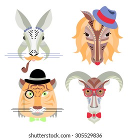 Vector illustration of geometrical flat design style hipster animal portraits. Heads of rabbit, horse, tiger and goat. Chinese new year calendar icon set