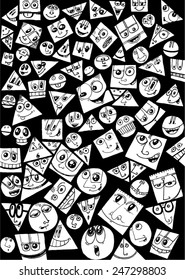 vector - illustration geometrical heads, smile, funny, silly, square, circle, triangle, big eyes - pattern
