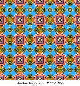 Vector illustration. Geometrical seamless pattern with brown, blue and orange tiles.