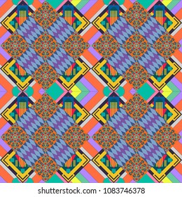 Vector illustration. Geometrical seamless pattern with violet, blue and orange tiles.
