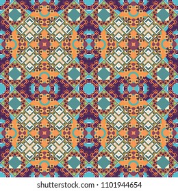 Vector illustration. Geometrical seamless pattern with orange, blue and violet tiles.