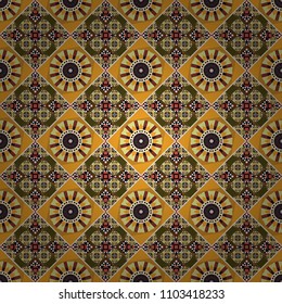 Vector illustration. Geometrical seamless pattern with yellow, white and orange tiles.