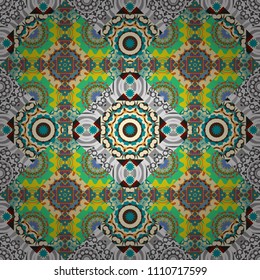 Vector illustration. Geometrical seamless pattern with beige, gray and blue tiles.
