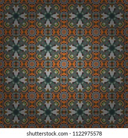 Vector illustration. Geometrical seamless pattern with brown, blue and orange tiles.