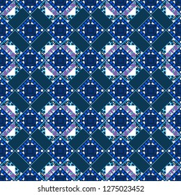 Vector illustration. Geometrical seamless pattern with white, black and blue tiles.
