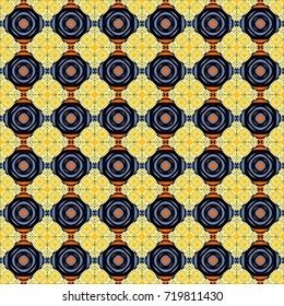 Vector illustration. Geometrical seamless pattern with blue, yellow and black tiles.