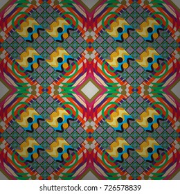 Vector illustration. Geometrical seamless pattern with green, orange and violet tiles.
