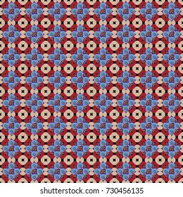 Vector illustration. Geometrical seamless pattern with blue, red and beige tiles.