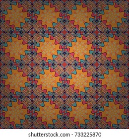 Vector illustration. Geometrical seamless pattern with orange, blue and brown tiles.