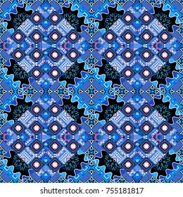 Vector illustration. Geometrical seamless pattern with black, white and blue tiles.