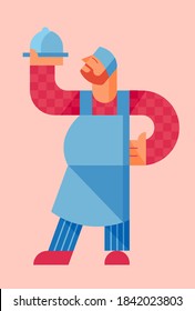 a vector illustration in geometrical style showing a cook in red and blue uniform  proudly representing his dish   