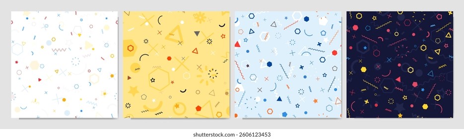 Vector illustration. Geometry style Memphis pattern shapes and lines. Design elements for social media template, web banner, post. Trendy abstract colorful background. Flat concept. Fashion 80s-90s