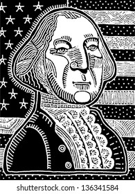 Vector illustration of George Washington with the flag of USA in the background